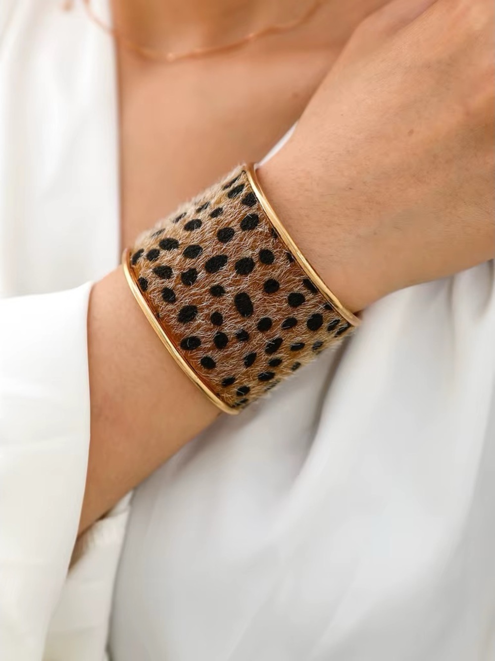 Gold Trim Cheetah Print Wide Cuff Bracelet - Brown
